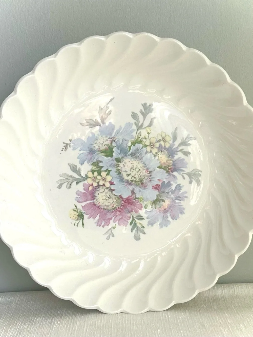 VINTAGE dish by royal china in honey lee pattern. floral blue purple swirl edge